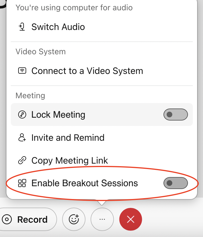 Webex menu bar with further options, including enabling breakout sessions