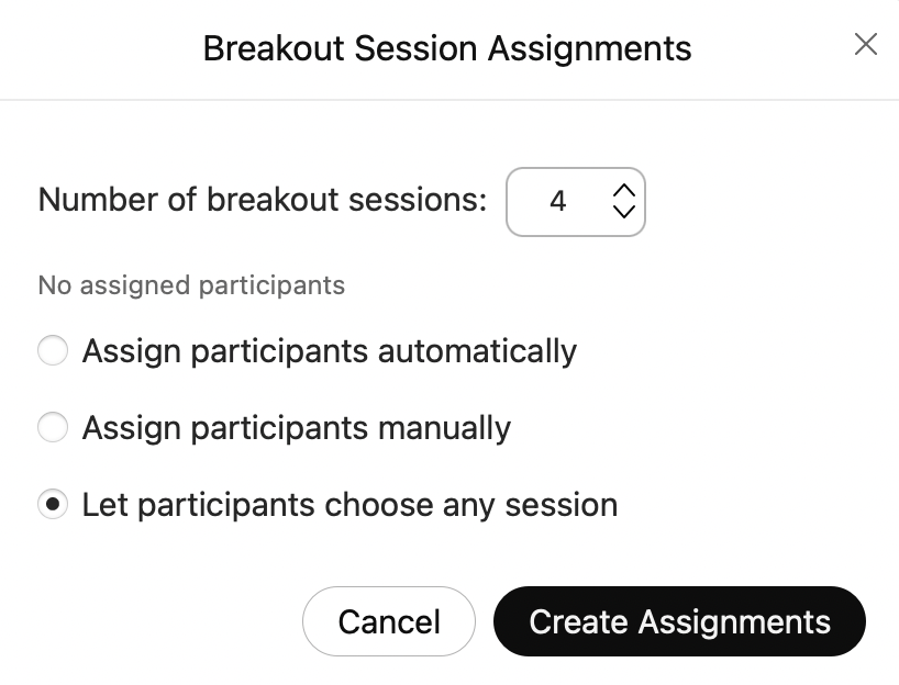 Screenshot of the menu for breakout session assignments, you can select how many rooms to create and whether participants are assigned manually or automatically