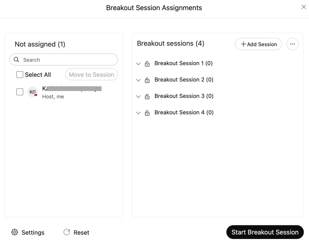Breakout session menu in which all sessions can be edited