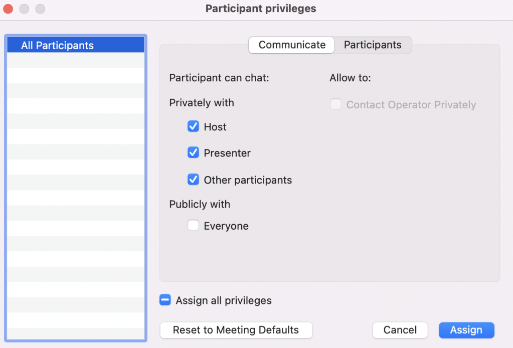 Settings for participant privileges, including who can chat with whom
