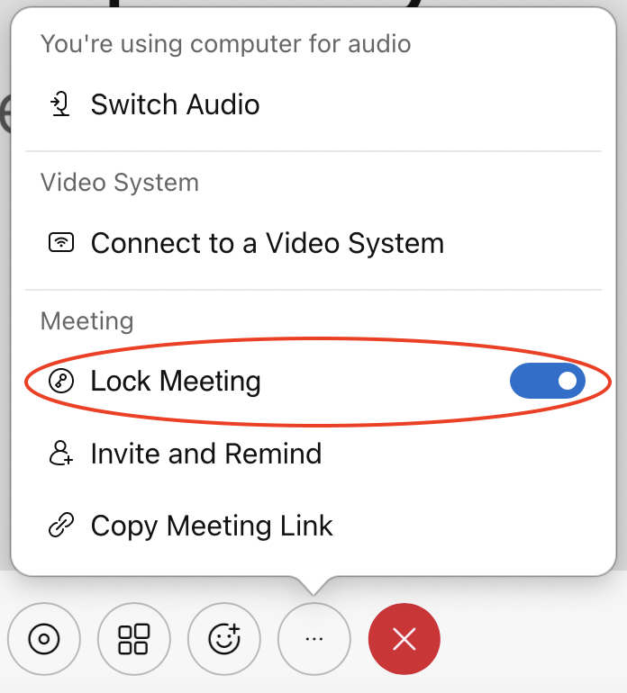 Further options in the menu bar, including the option "Lock Meeting"