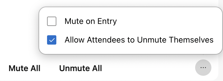 Muting options in the participants list, including mute all, unmute all, mute on entry and allow attendees to unmute themselves