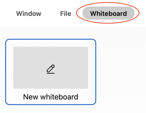 Sharing options including Window, File and Whiteboard; in the whiteboard tab, there is the option "New whiteboard" 