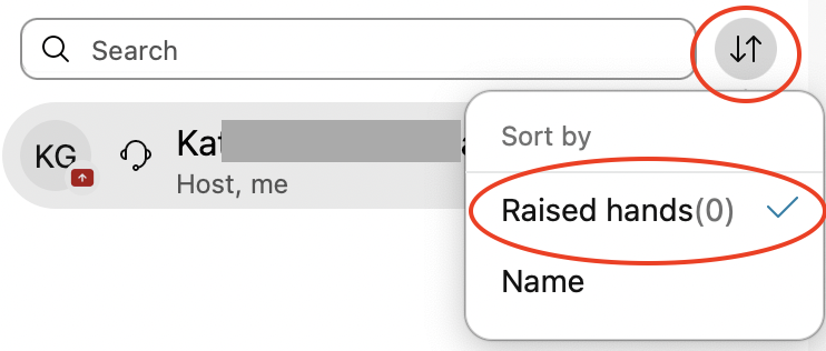 Participants list with the "Sort by" button and the options "Raised hands" or "Name"