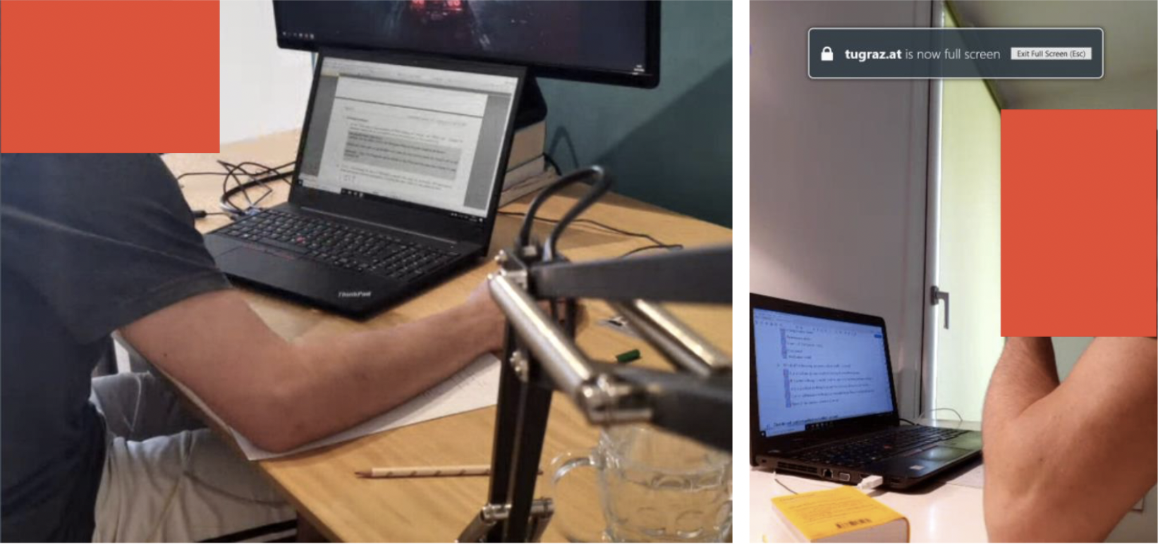 Two pictures of a workplace with good camera configurations: Both people have screens that are well visible, the lighting is decent, and you can also see part of their desk with a dictionary or notebook open