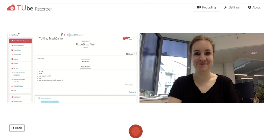 Screenshot of the screen, webcam and the red button at the bottom center