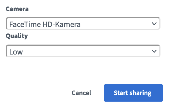 Screenshot of the webcam options where you can select the camera and quality