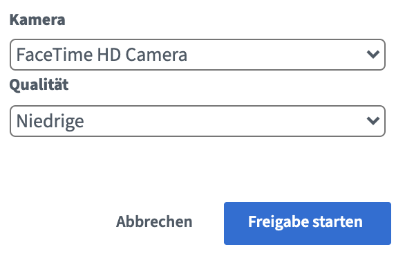 Screenshot der Webcam-Optionen, in denen man Kamera und Qualität auswählen kann