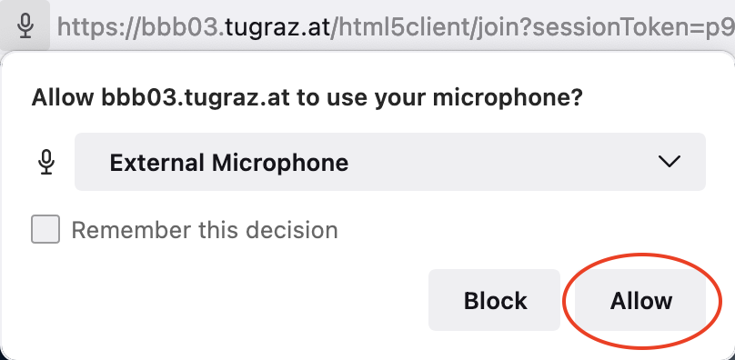 pop-up window in which you can block or allow BBB to use the microphone
