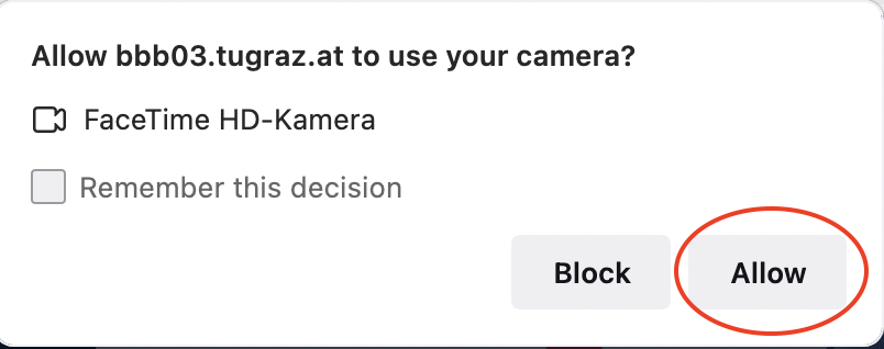 pop-up window in which you can block or allow BBB access to the webcam