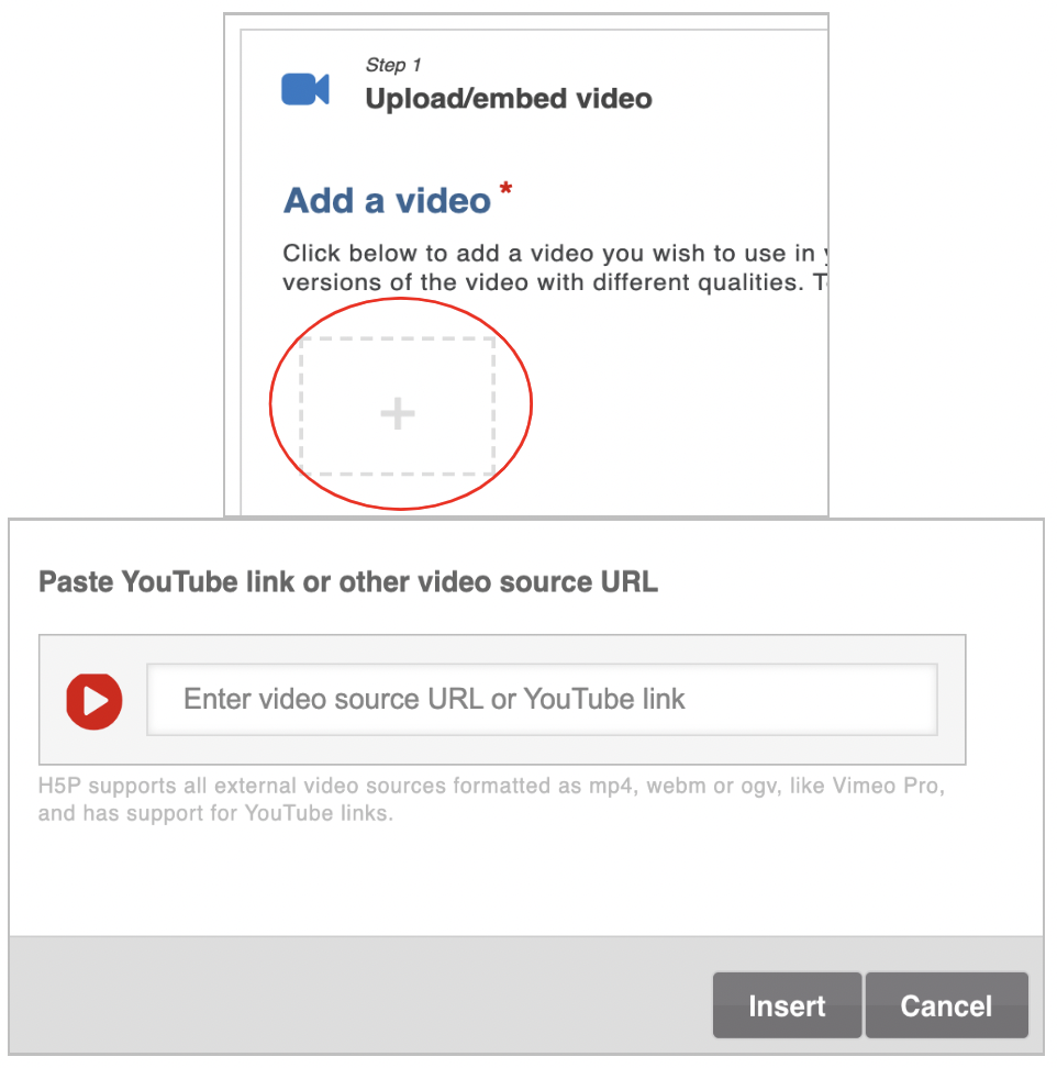Upload area for videos, via the plus symbol you can add a link