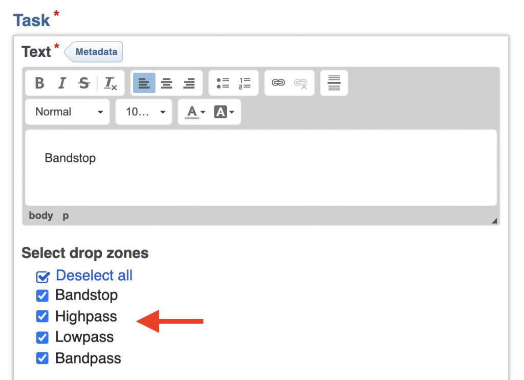 Text and correct drop zones for the answer option