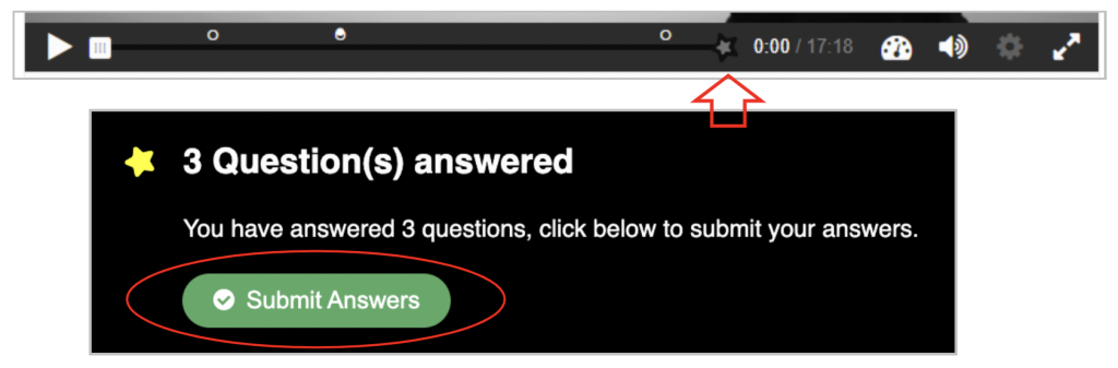 Star icon at the end of the video and pop-up window for submitting answers