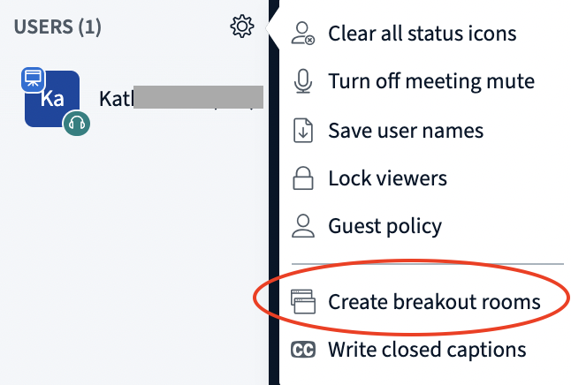 Screenshot of the settings when clicking on the gear symbol, including "create breakout room"