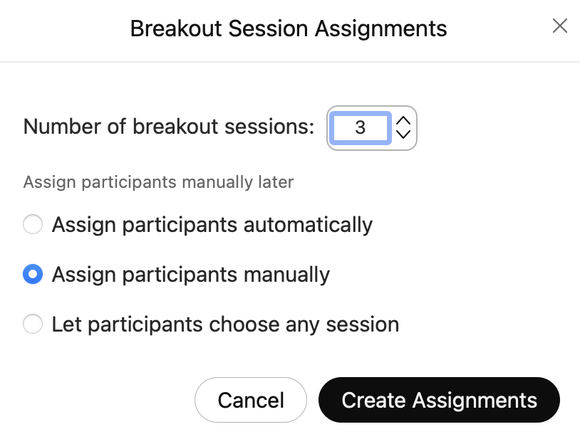 Breakout Session Assignments window; you can choose the number of rooms and the type of assignment