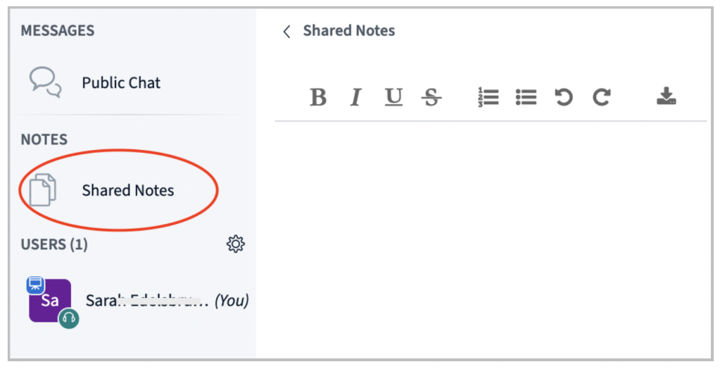 Text editor next to the menu on the left in which you can write shared notes