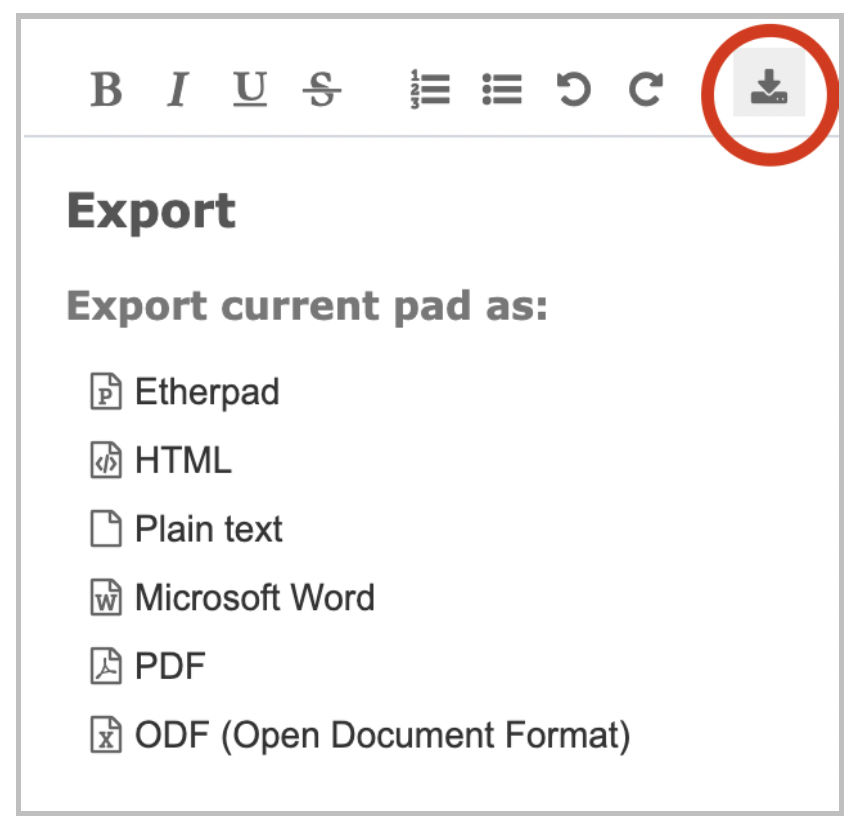 Export features for shared notes and the download button in the tool bar