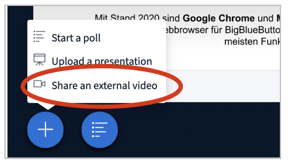 Plus icon at the bottom of the screen;  among different sharing options is "Share an external video"