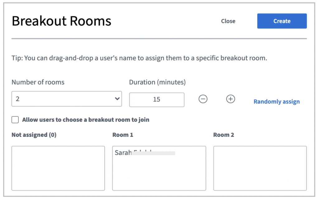 Screenshot of the settings of a breakout room where you can set the number of rooms, duration and participants.
