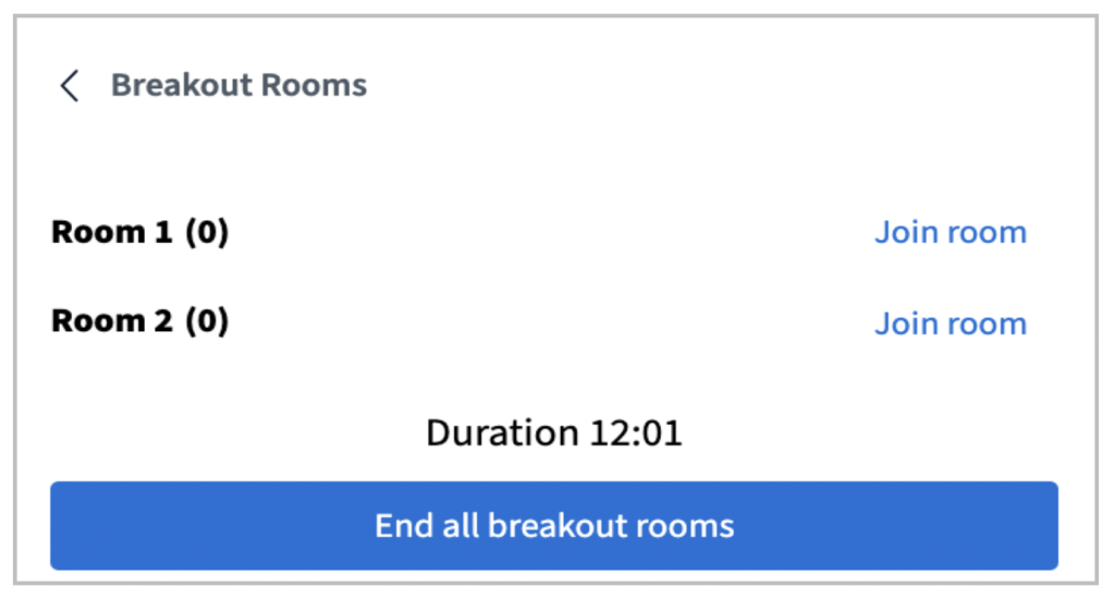 Breakout room settings in which the rooms are listed; you can join a room or end all breakout sessions