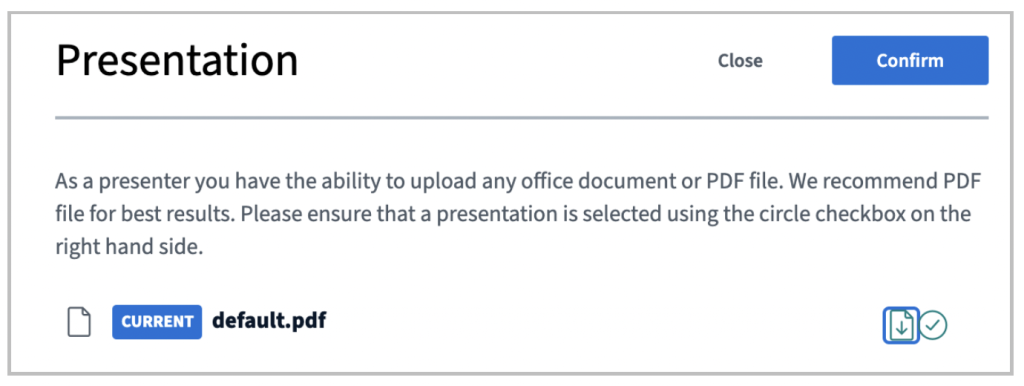 A presentation file is ready to be uploaded and download is enabled
