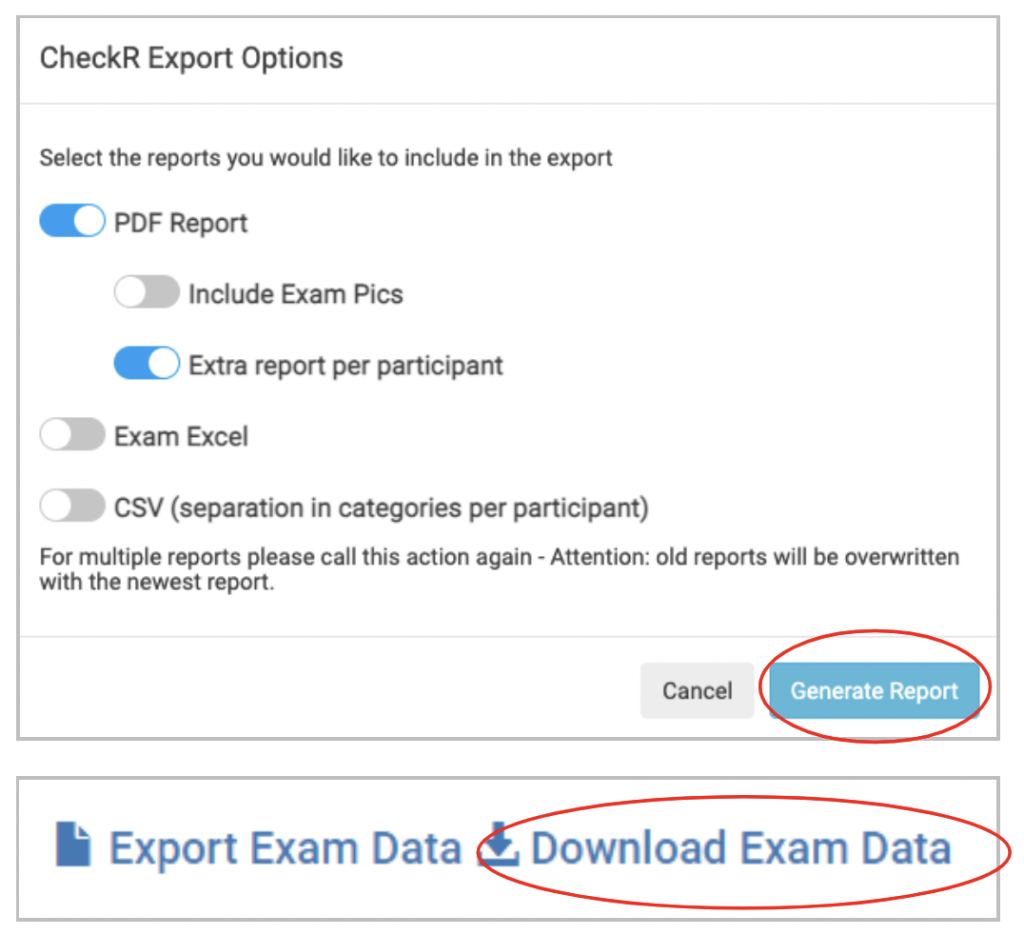 Screenshot of the CheckR export options where you choose the reports to be included in the export