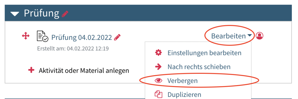 Eine einzelne Aktivität verstecken durch Klick auf "Bearbeiten" und "Verbergen"