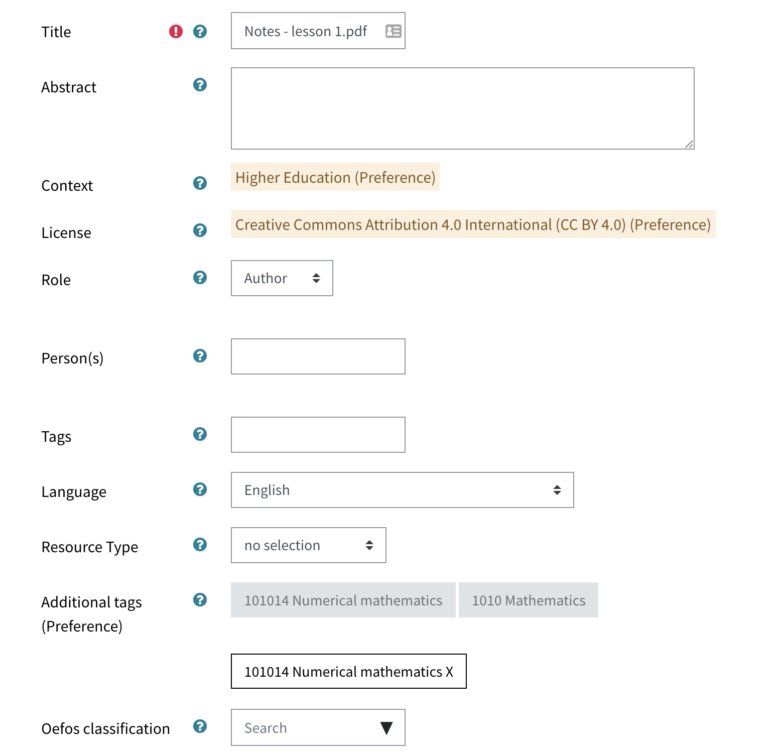 form to add metadata to an OER