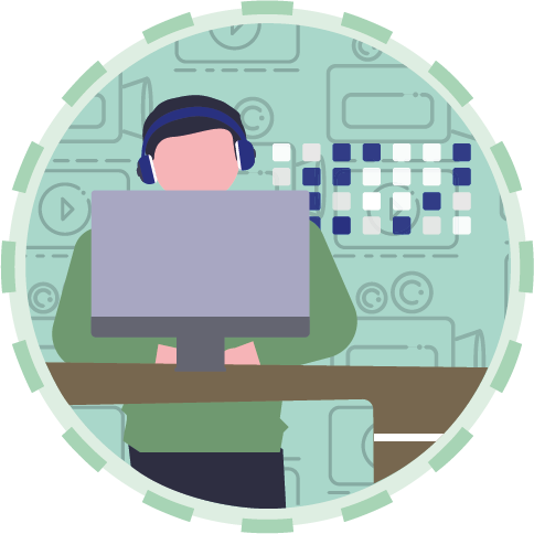 Sticker for the article: a person with headphones standing in front of a computer