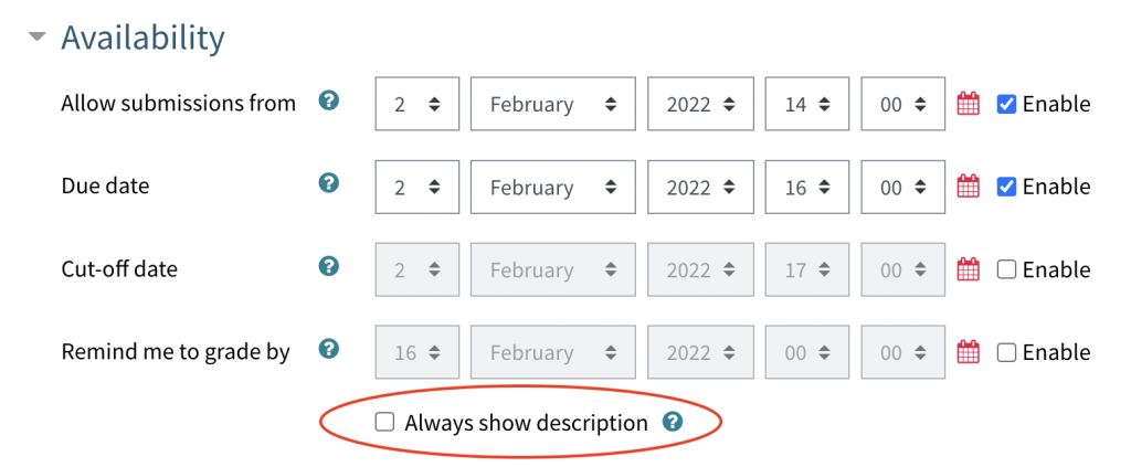 In the "Availability" section, the option "Always show description" is disabled