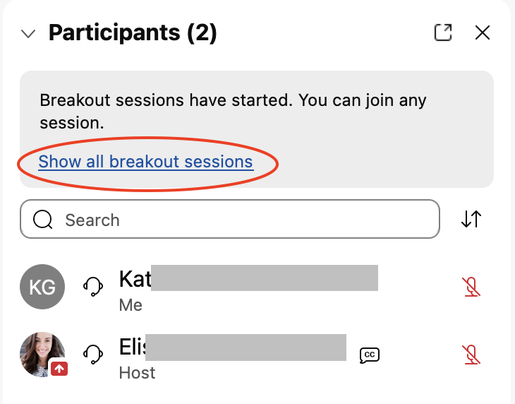 Option "Show all breakout sessions" at the top of the participant list