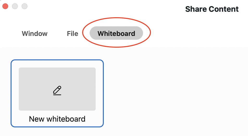 Share Content menu with the "Whiteboard" tab open