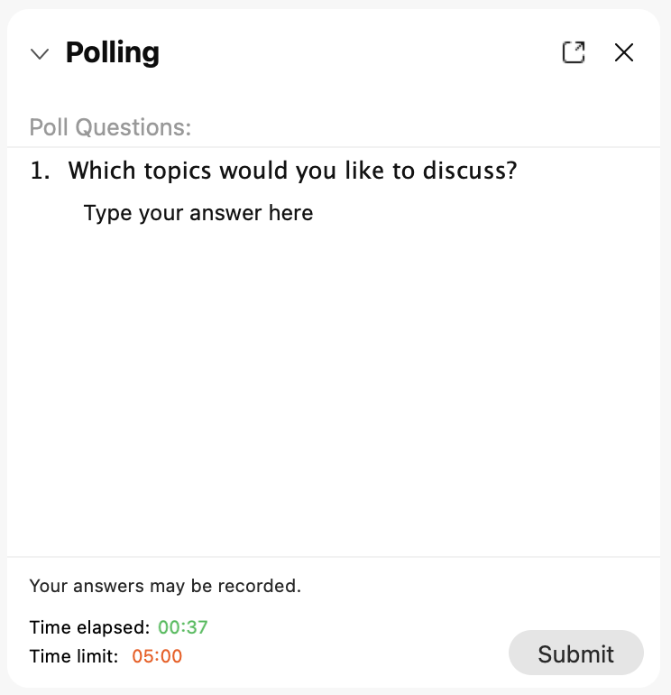 "Polling" menu including poll questions, the time limit, time elapsed, and the submit button