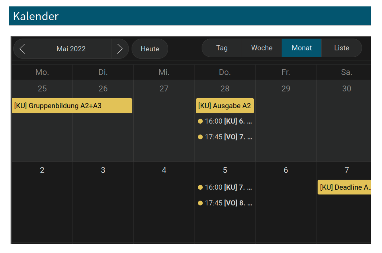 An embedded calendar on the course page