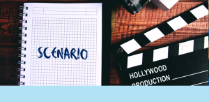 a notebook reading "scenario" and a slate reading "Hollywood Production"