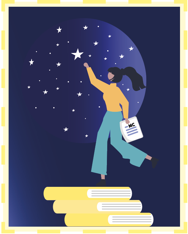 Sticker to the article: a woman climbs stairs made of books while reaching for stars. She holds a multiple choice test in her hand. Illustrated image.