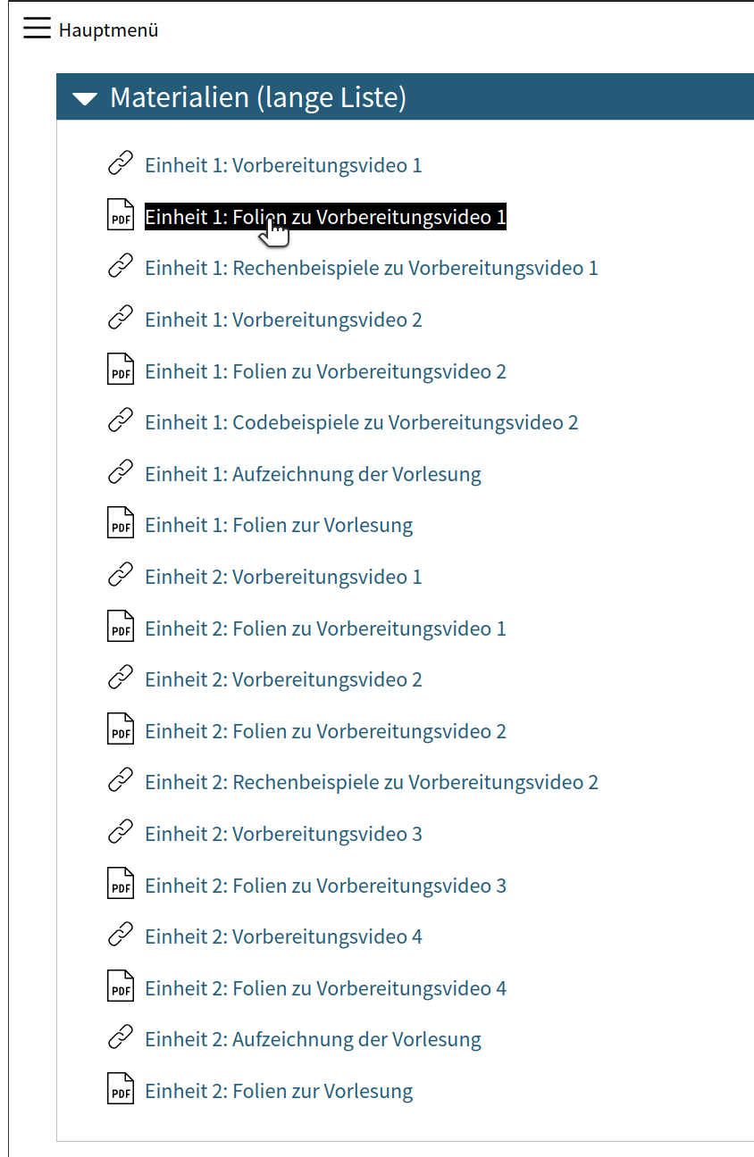 Moodle-Abschnitt, lange unübersichtliche Liste