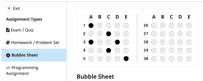 assignment types menu: bubble sheet selected