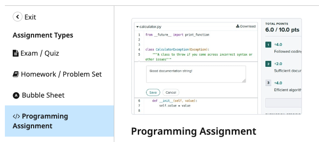 assignment types menu: programming assignment selected