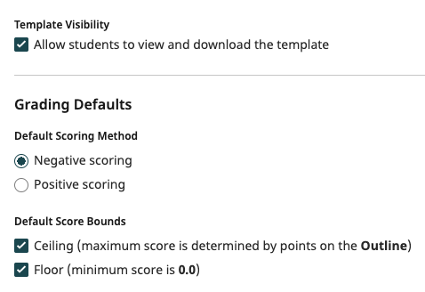 Settings for the template visibility and grading defaults, i.e. negative or positive scoring