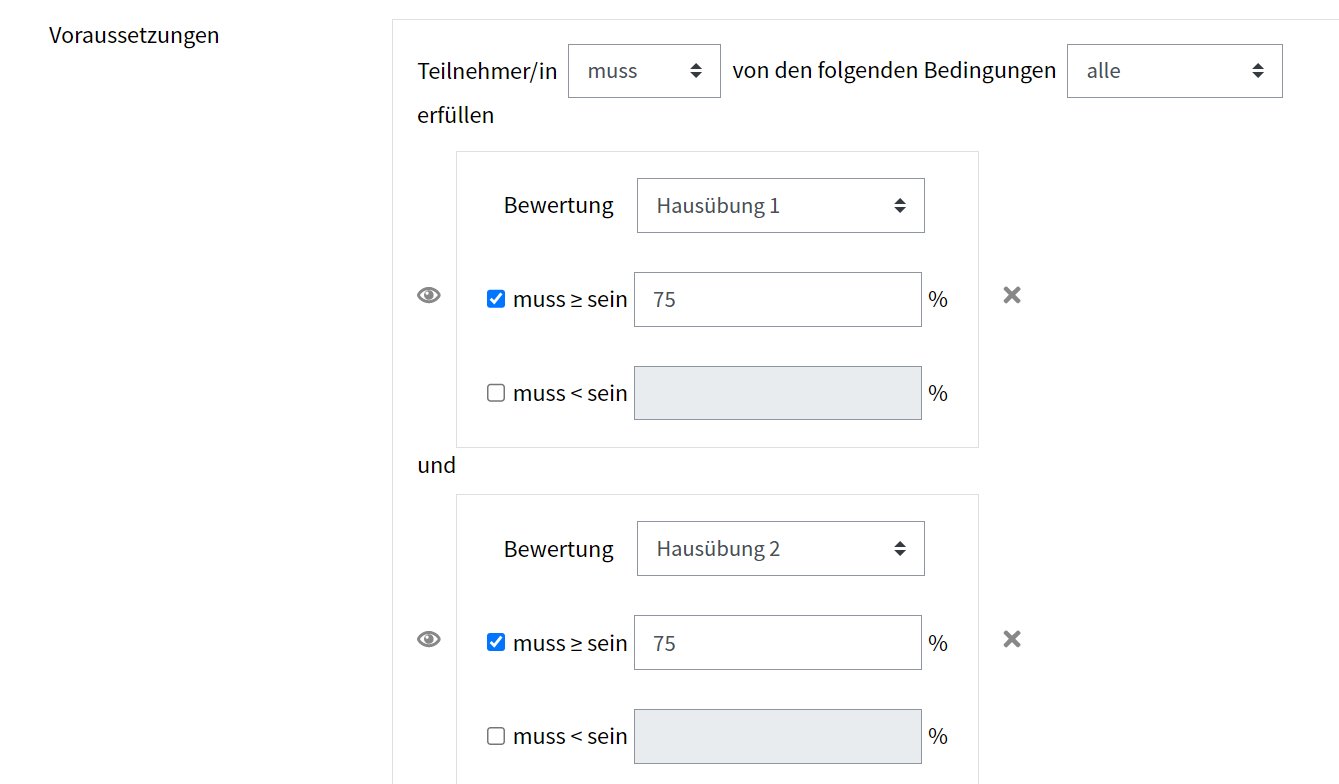 Hausübungen wird nur sichtbar, wenn bei den vorigen Hausübungen mindestens 75 Prozent erreicht wurden
