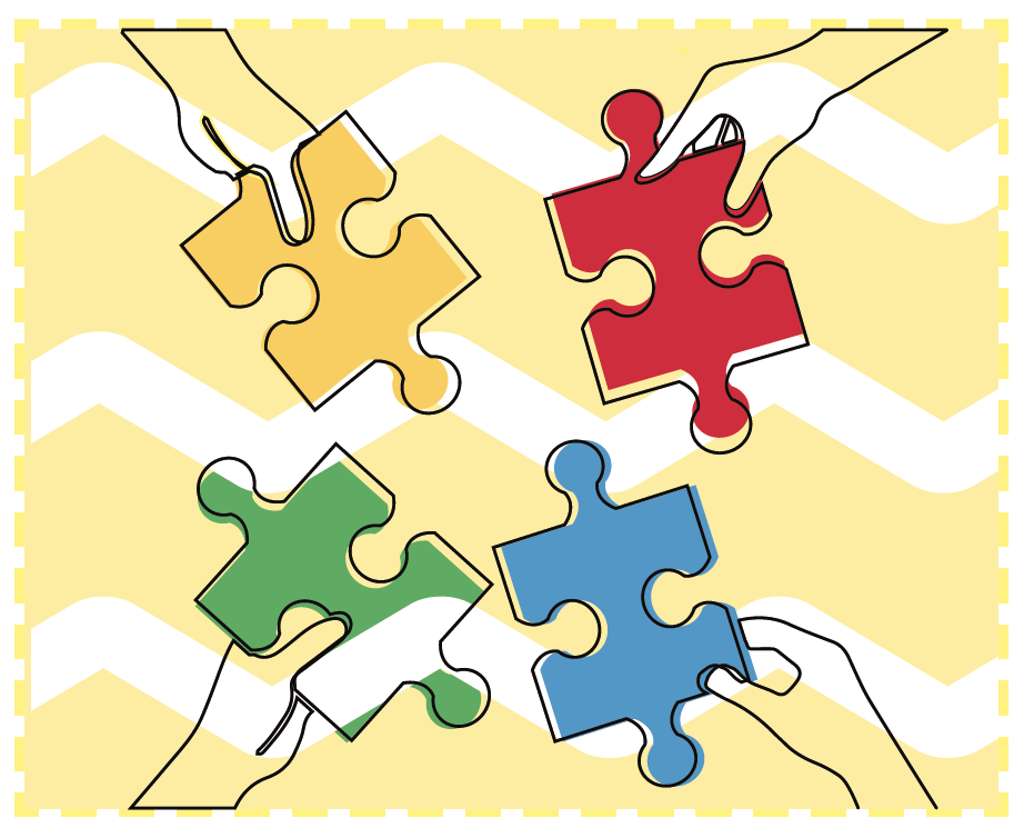 Sticker to the article: four hands, each holding a puzzle piece
