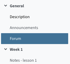 A course index including the section "General" and the options Description, Announcements, Forum