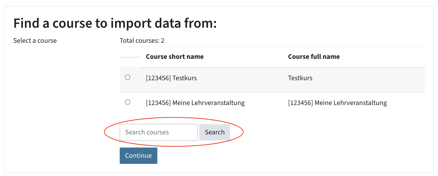 Search field to search courses; above the list of possible source courses