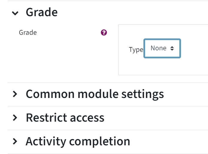 Shows the category "Grade" in the settings. Type is set to "None".