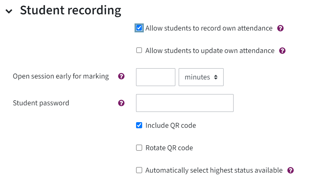 Shows the category "Student recording" in the settings. Ticked off is the box "Allow students to record own attendance" and "include QR code"