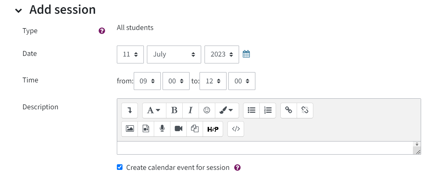 shows the menu "add session" (date, time, description) and the box "Create calendar event for session" ticked off.