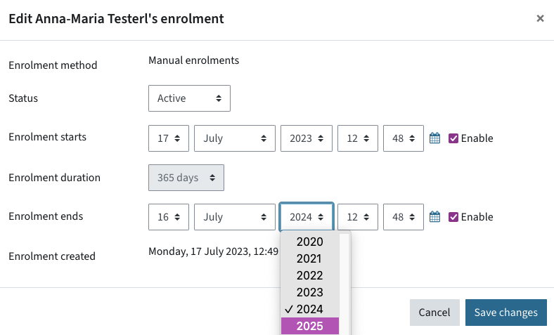 Editing someone's enrolment to prolong it, there is a dropdown to choose a new end date