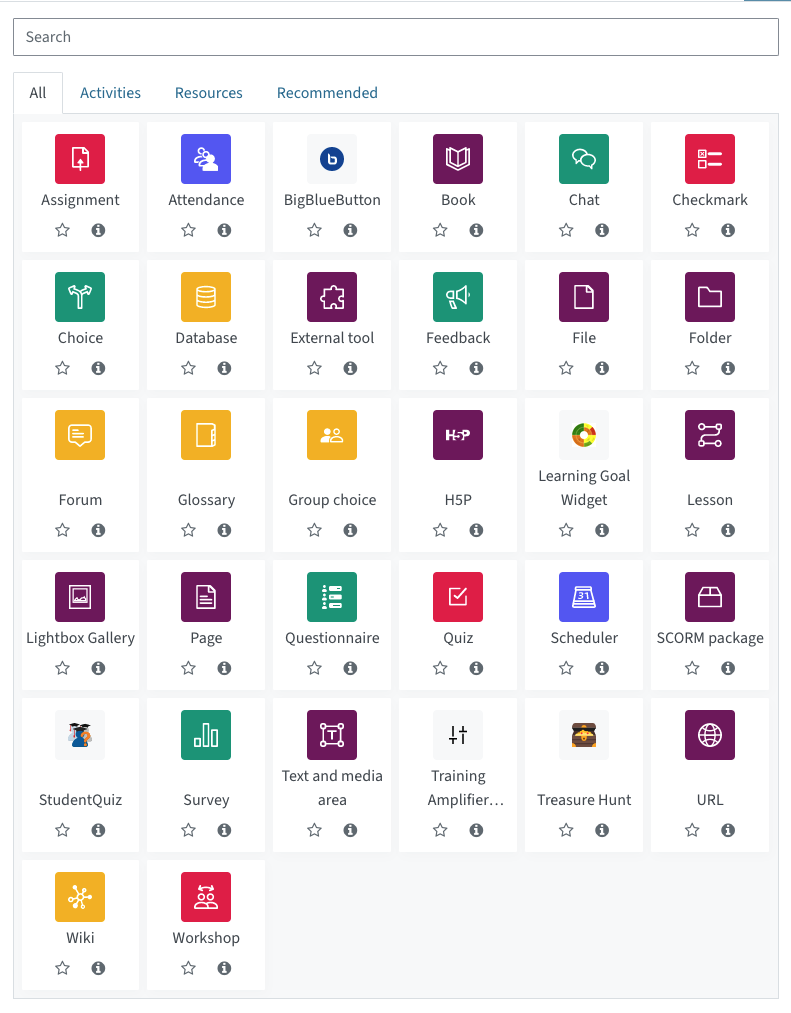 Screenshot of the Moodle activity chooser with colourful icons