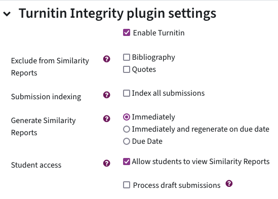 Screenshot of the menu where you can enable Turnitin for an assignment